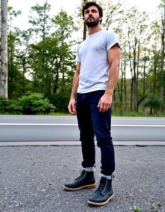 White Crew-neck T-shirt · Navy Jeans · Black Leather Casual Boots