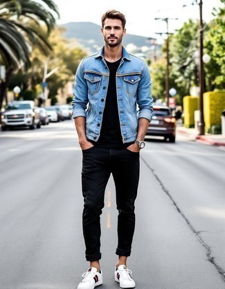 Light Blue Denim Jacket · Black Crew-neck T-shirt · Black Jeans · White Print Leather Low Top Sneakers · Silver Watch · Silver Bracelet