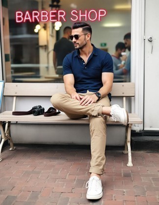Navy Polo · Khaki Chinos · White Canvas Low Top Sneakers · Dark Green Sunglasses · Charcoal Watch