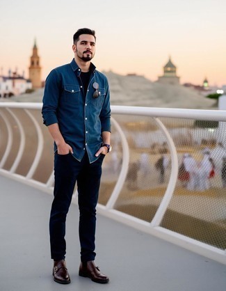 Blue Denim Shirt · Black Crew-neck T-shirt · Navy Chinos · Dark Brown Leather Chelsea Boots · Black Sunglasses · Dark Brown Leather Watch