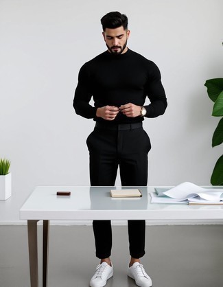 Black Turtleneck · Black Chinos · White Leather Low Top Sneakers · Black Leather Watch