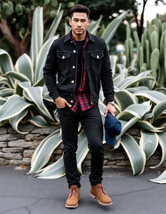 Black Denim Jacket · Red Plaid Long Sleeve Shirt · Black Crew-neck T-shirt · Black Jeans · Brown Suede Casual Boots · Navy Baseball Cap