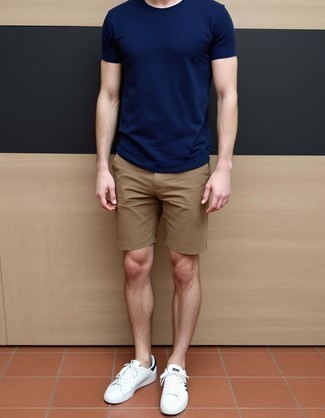 Navy Crew-neck T-shirt · Tan Shorts · White and Black Leather Low Top Sneakers