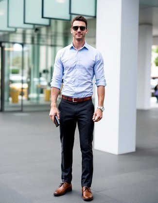 Light Blue Long Sleeve Shirt · Charcoal Dress Pants · Brown Leather Derby Shoes · Burgundy Leather Belt · Dark Green Sunglasses · Silver Watch