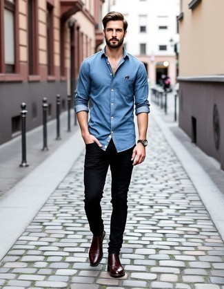 Blue Chambray Long Sleeve Shirt · Black Jeans · Dark Brown Leather Chelsea Boots · Dark Brown Leather Watch · Black Socks