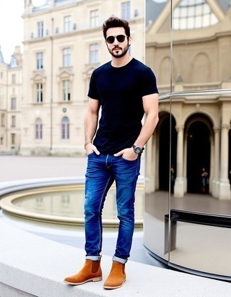 Navy Crew-neck T-shirt · Blue Jeans · Brown Suede Chelsea Boots · Dark Brown Sunglasses · Navy Canvas Watch · Gold Bracelet