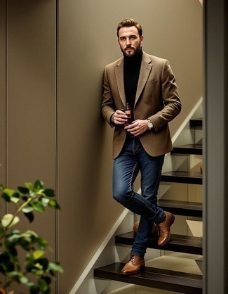 Brown Blazer · Black Turtleneck · Navy Jeans · Brown Leather Brogue Boots · Gold Watch