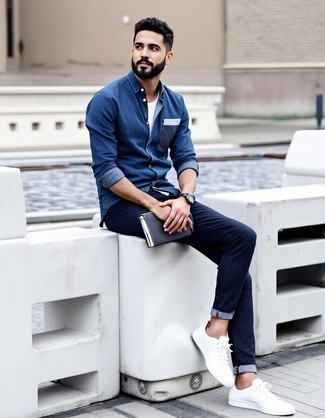 Blue Denim Shirt · White Crew-neck T-shirt · Navy Jeans · White Canvas Low Top Sneakers · Black Leather Watch