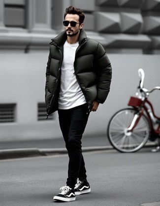 Dark Green Puffer Jacket · White Crew-neck T-shirt · Black Jeans · Black and White Canvas Low Top Sneakers · Black Sunglasses · Black Socks