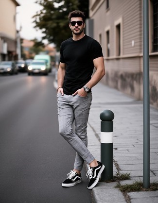 Black Crew-neck T-shirt · Grey Plaid Chinos · Black and White Canvas Low Top Sneakers · Black Sunglasses · Grey Watch · Brown Beaded Bracelet