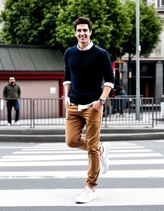 Navy Crew-neck Sweater · White Long Sleeve Shirt · Khaki Chinos · White Canvas Low Top Sneakers · Dark Brown Leather Watch