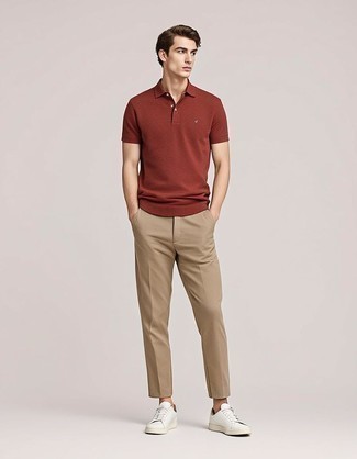 Red Polo · Khaki Chinos · White Leather Low Top Sneakers