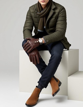 Olive Nylon Shirt Jacket · Navy Jeans · Tan Suede Chelsea Boots · Olive Scarf · Brown Leather Gloves · Dark Brown Leather Watch