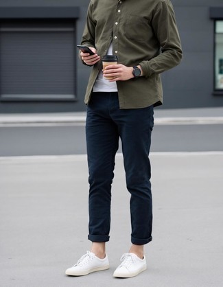 Olive Long Sleeve Shirt · White Crew-neck T-shirt · Navy Chinos · White Canvas Low Top Sneakers · Black Watch
