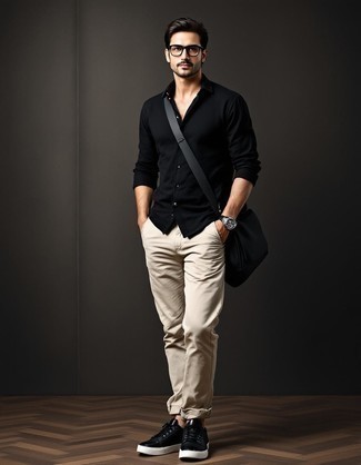 Black Long Sleeve Shirt · Beige Chinos · Black Leather Low Top Sneakers · Black Canvas Messenger Bag · Clear Sunglasses · Black Watch