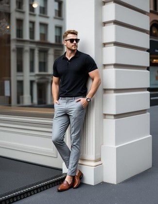 Black Polo · Grey Dress Pants · Brown Leather Loafers · Dark Brown Sunglasses · Silver Watch
