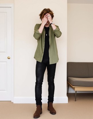 Olive Long Sleeve Shirt · Black Crew-neck T-shirt · Black Skinny Jeans · Dark Brown Suede Chelsea Boots · Black Leather Watch