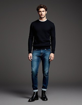 Black Crew-neck Sweater · White Crew-neck T-shirt · Navy Jeans · Black Leather Casual Boots
