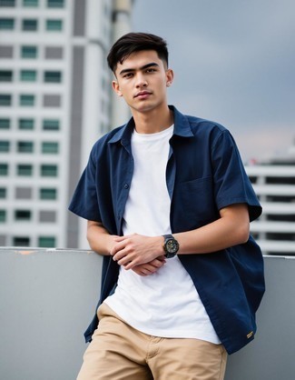 Navy Chambray Short Sleeve Shirt · White Crew-neck T-shirt · Khaki Chinos · Black Rubber Watch
