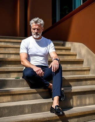 White Crew-neck T-shirt · Navy Chinos · Black Leather Loafers · Silver Watch