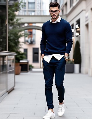 Navy Crew-neck Sweater · White Long Sleeve Shirt · Navy Chinos · White Canvas Low Top Sneakers · Clear Sunglasses · Silver Watch
