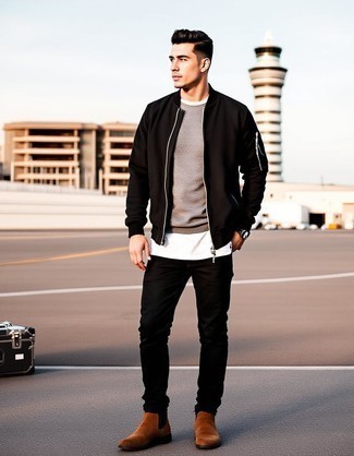 Black Bomber Jacket · Grey Crew-neck Sweater · White Crew-neck T-shirt · Black Jeans · Brown Suede Chelsea Boots · Black Leather Watch