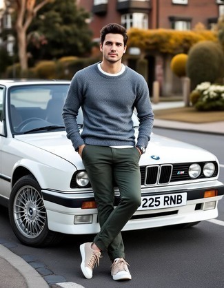 Grey Crew-neck Sweater · White Crew-neck T-shirt · Olive Chinos · Beige Canvas Low Top Sneakers · Black Leather Watch