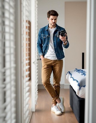 Blue Denim Jacket · White Crew-neck T-shirt · Khaki Chinos · White Leather Low Top Sneakers · Brown Leather Watch
