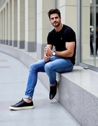 Black Crew-neck T-shirt · Blue Skinny Jeans · Black Leather Low Top Sneakers · Black Leather Watch
