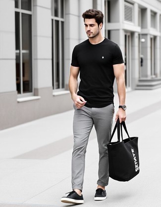 Black Crew-neck T-shirt · Grey Chinos · Black Leather Low Top Sneakers · Black and White Print Canvas Tote Bag · Black Leather Watch