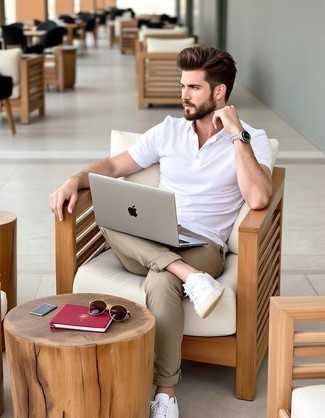 White Polo · Khaki Chinos · White Canvas Low Top Sneakers · Dark Brown Sunglasses · Silver Watch