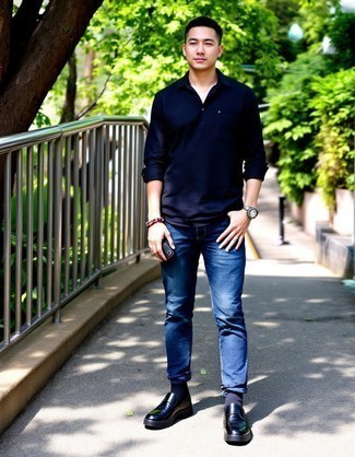 Black Long Sleeve Shirt · Navy Jeans · Black Leather Desert Boots · Black Leather Watch · Multi colored Beaded Bracelet · Black Socks