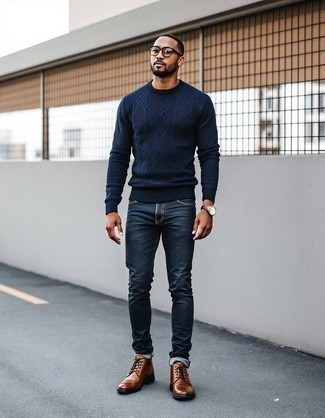 Navy Cable Sweater · Navy Jeans · Brown Leather Casual Boots · Clear Sunglasses · Brown Leather Watch
