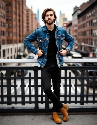Blue Denim Jacket · Black Polo · Black Skinny Jeans · Tobacco Suede Chelsea Boots · Black Leather Watch