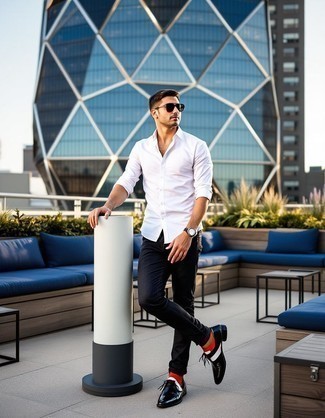 White Long Sleeve Shirt · Black Jeans · Black Leather Oxford Shoes · Dark Brown Sunglasses · Silver Watch