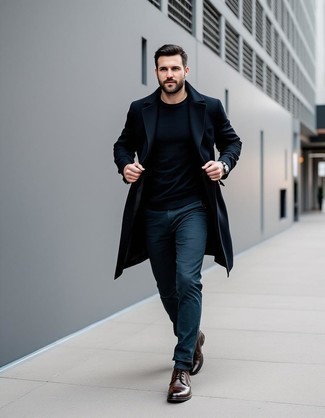 Black Overcoat · Black Crew-neck T-shirt · Navy Chinos · Charcoal Leather Brogue Boots · Silver Watch