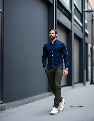 Navy Long Sleeve Shirt · Olive Chinos · White Leather Low Top Sneakers · Silver Watch