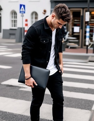 Black Denim Jacket · White Crew-neck T-shirt · Black Chinos · Brown Leather Chelsea Boots · Black Leather Zip Pouch · Tan Leather Watch