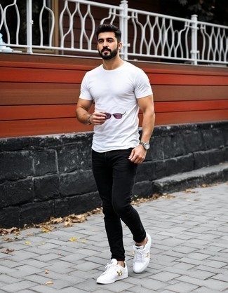 White Crew-neck T-shirt · Black Skinny Jeans · White Canvas Low Top Sneakers · Light Violet Sunglasses · Silver Watch · Silver Bracelet