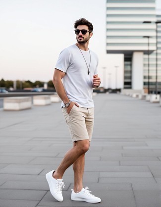 White Crew-neck T-shirt · Beige Shorts · White Leather Low Top Sneakers · Dark Brown Sunglasses · Dark Brown Leather Watch · Silver Bracelet