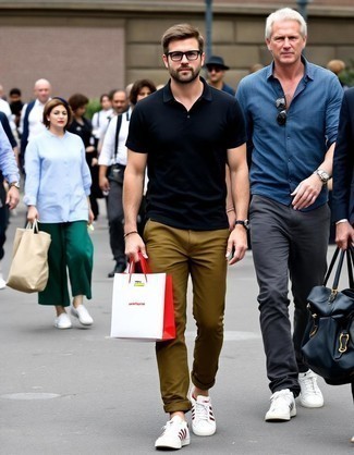 Black Polo · Olive Chinos · White and Red Canvas Low Top Sneakers · Clear Sunglasses · Silver Watch · Dark Brown Bracelet