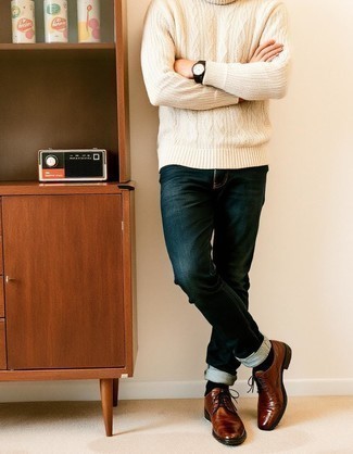 Beige Cable Sweater · Navy Jeans · Brown Leather Brogues · Dark Brown Leather Watch · Black Socks