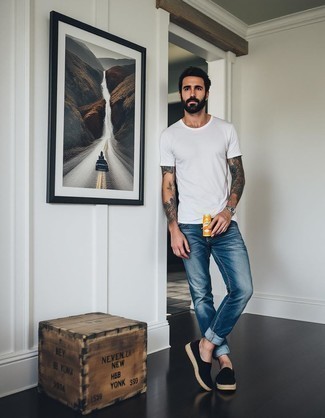 White Crew-neck T-shirt · Blue Jeans · Black Canvas Espadrilles · Silver Watch