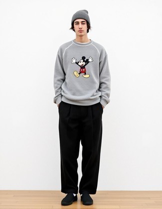 Grey Print Sweatshirt · Black Chinos · Black Canvas Slip-on Sneakers · Grey Beanie · White Socks