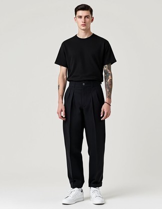 Black Crew-neck T-shirt · Black Chinos · White Leather Low Top Sneakers · White Socks