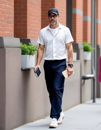 White Short Sleeve Shirt · White Crew-neck T-shirt · Navy Chinos · White Canvas Low Top Sneakers · Navy Baseball Cap · Clear Sunglasses