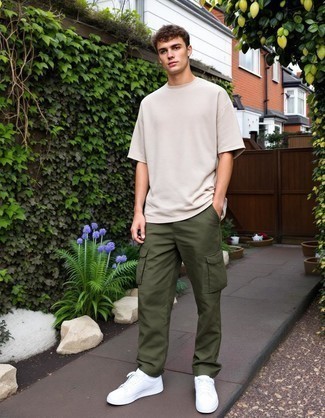 Beige Crew-neck T-shirt · Olive Chinos · White Leather Low Top Sneakers