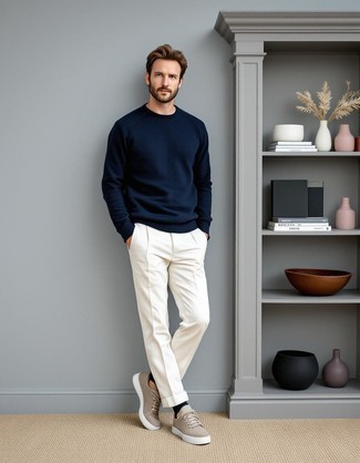 Navy Sweatshirt · White Chinos · Beige Suede Low Top Sneakers · Black Socks