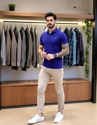 Violet Polo · Beige Chinos · White Leather Low Top Sneakers · Dark Brown Leather Watch