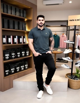 Charcoal Polo · Black Chinos · Beige Canvas Slip-on Sneakers · Dark Brown Leather Watch
